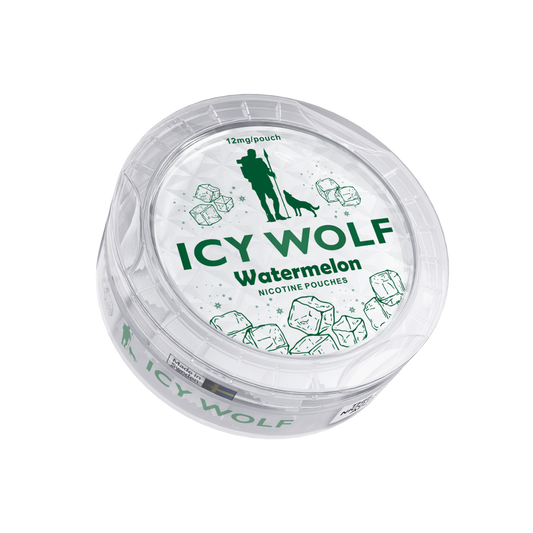 Detail close-up of the Icy Wolf watermelon pouch container with a transparent lid, showcasing green branding text.