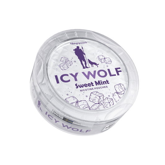 Detail close-up of Icy Wolf Sweet Mint packaging, showcasing a circular container with floral design in white and purple.