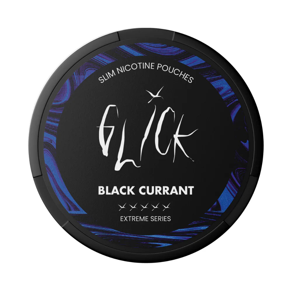 Front view of the Glick Black Currant pouch featuring a round container and graphic design on a transparent background.