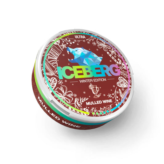 Circular container of Iceberg Mulled Wine snus featuring a colorful label on a white background