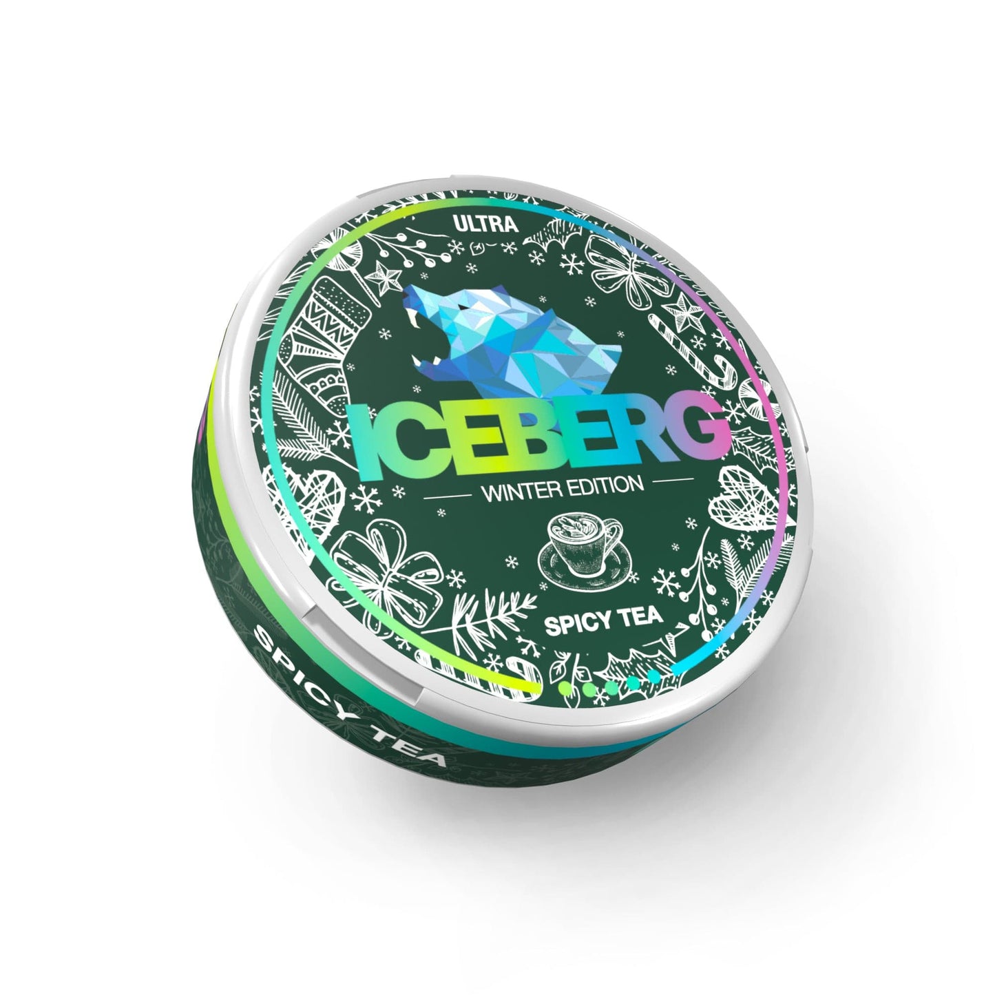 Detail close-up of the green tin can featuring a colorful logo and decorative pattern on a white background.