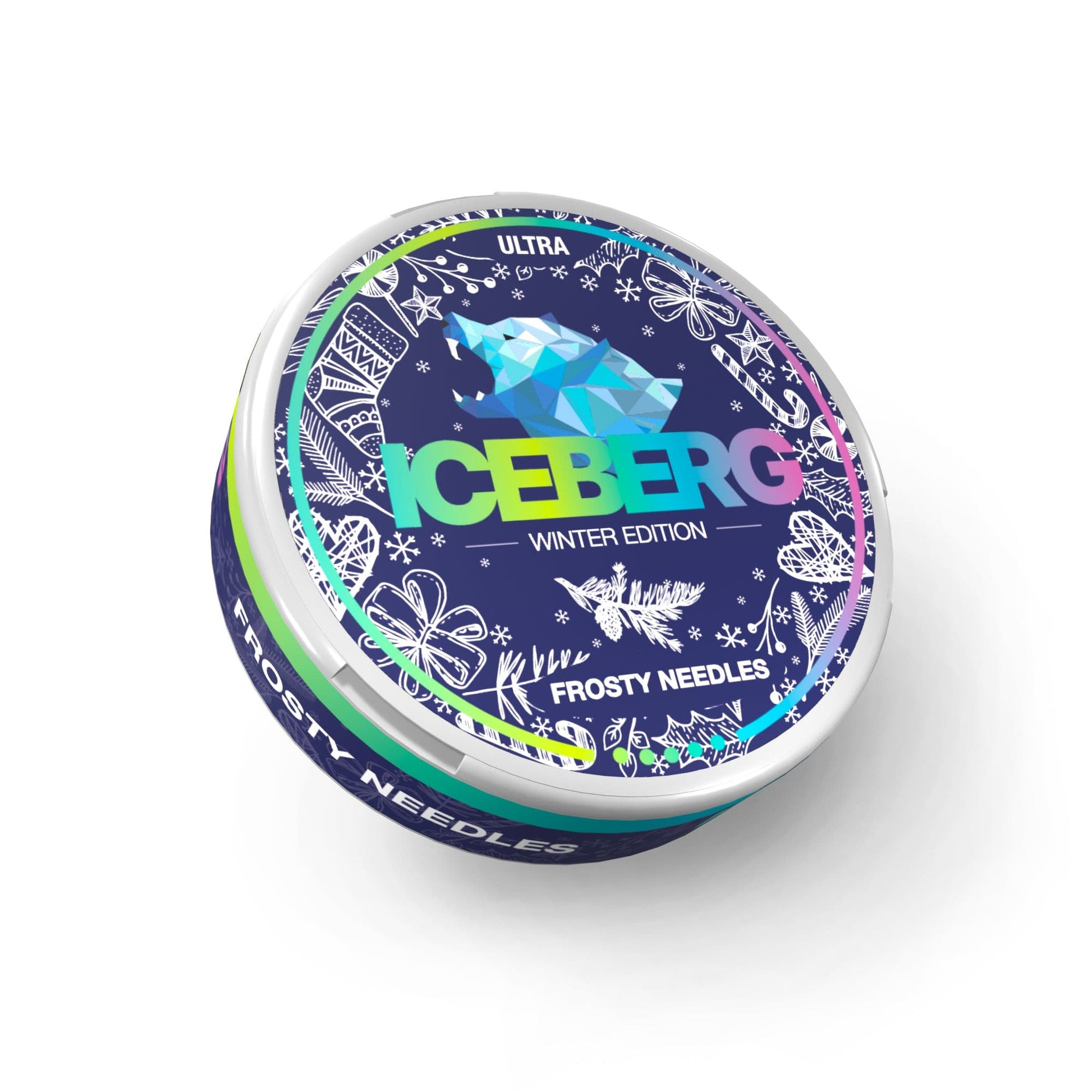 Detail close-up of a colorful circular tin container in blue, green, and white with a metallic finish.