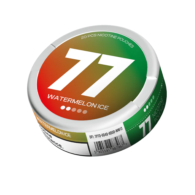 Front view of a circular container with a transparent lid, featuring a label with number 77 in orange, green, and white.
