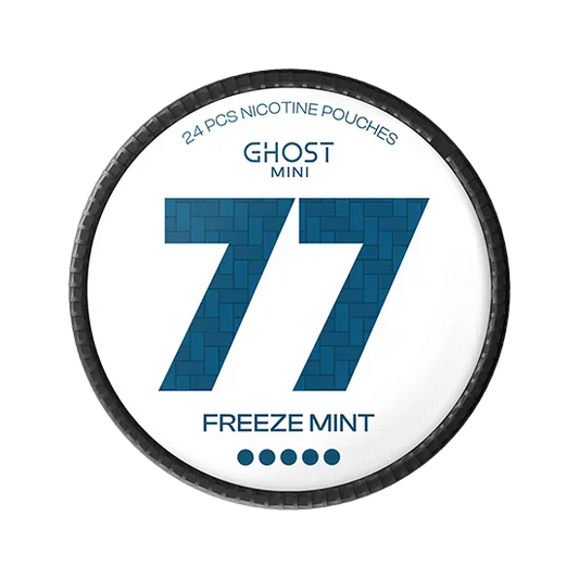 Detail close-up of 77 Ghost Mini Freeze Mint packaging showcasing bold text and circular design on a transparent background.