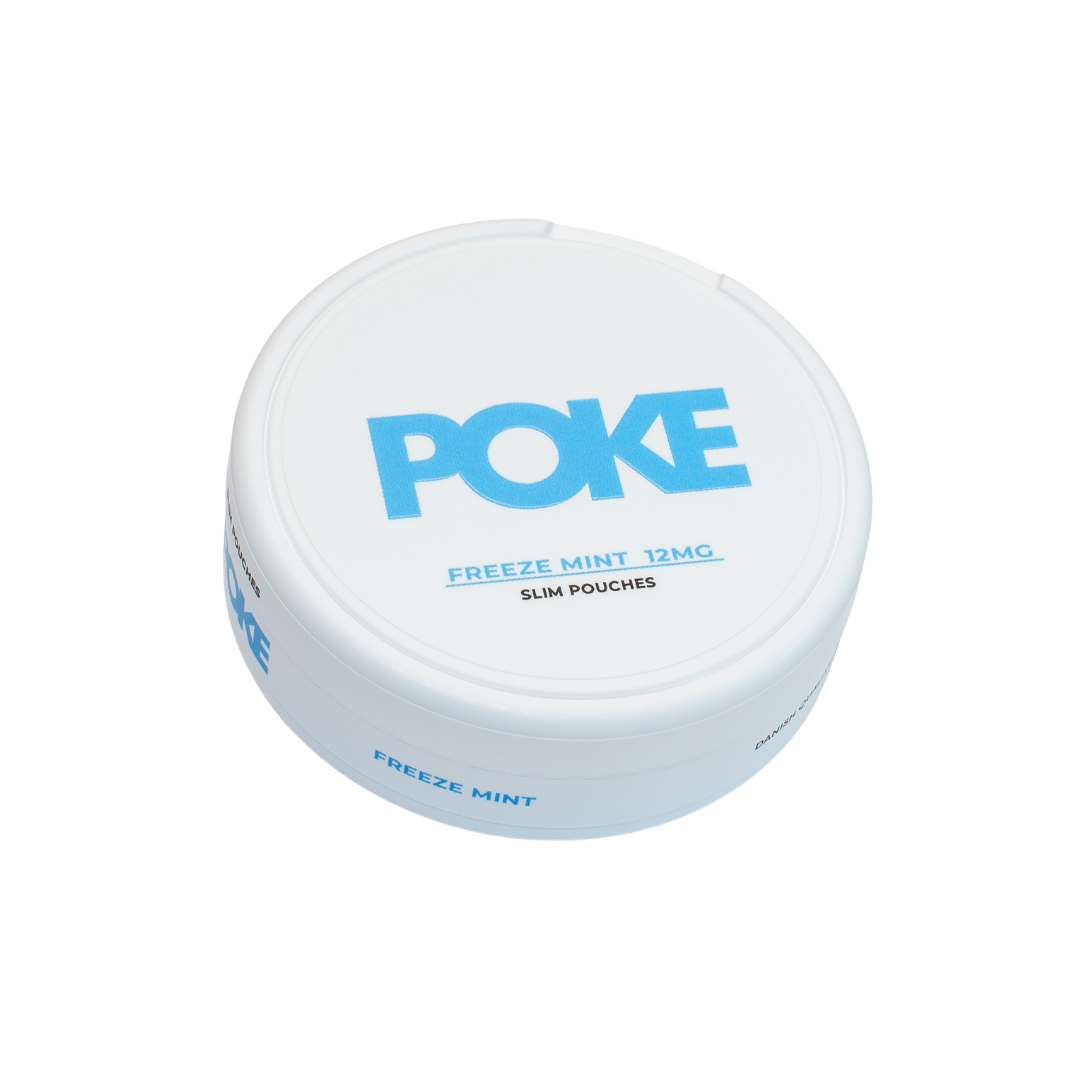 Detail close-up of the Poke Freeze Mint packaging featuring a round container with a smooth surface and label text in whit…