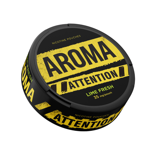Detail close-up of the AromaKing can showcasing bold black and yellow circular design on a transparent background.