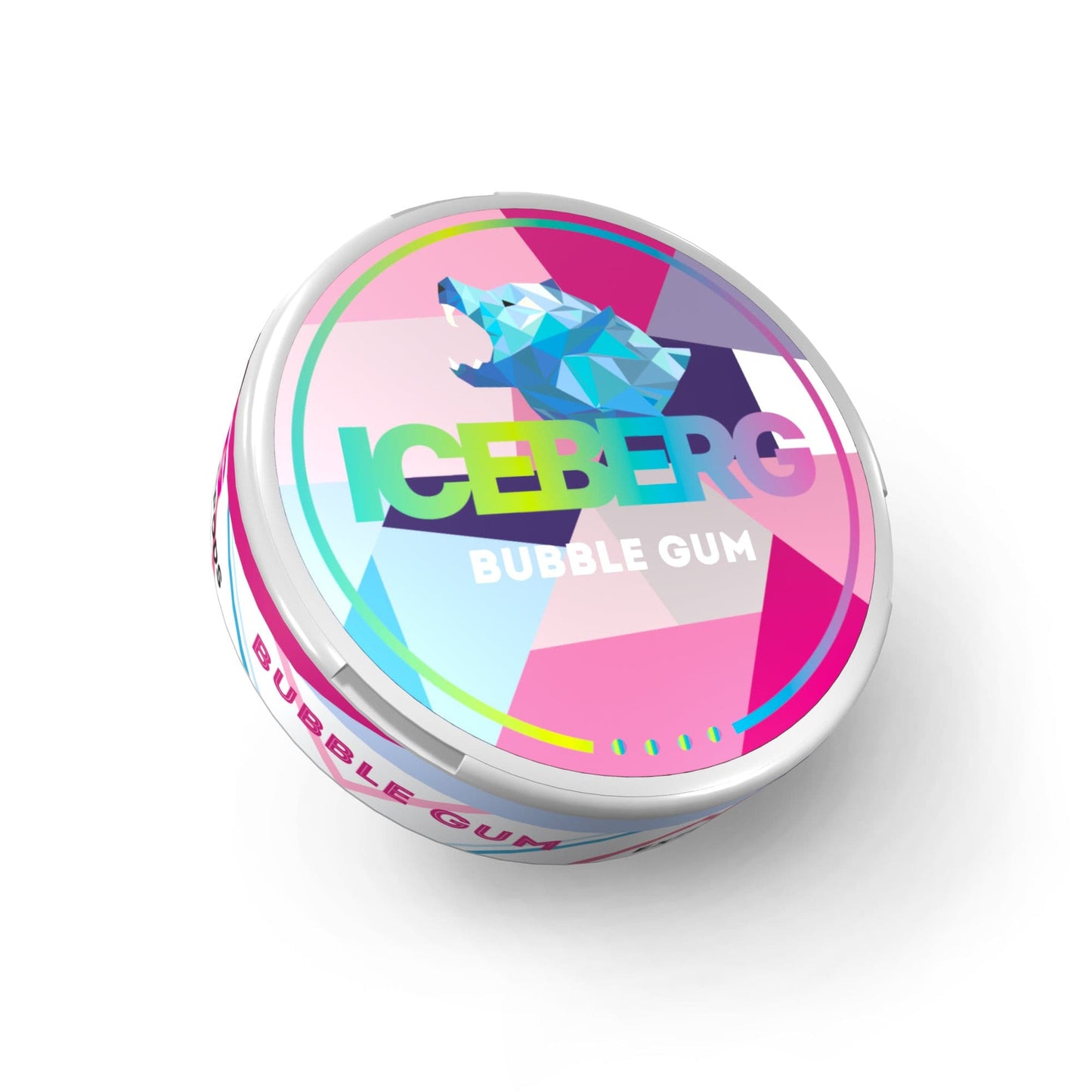 Packaging shot of the colorful bubble gum tin featuring pink, blue, and purple colors with brand logo.