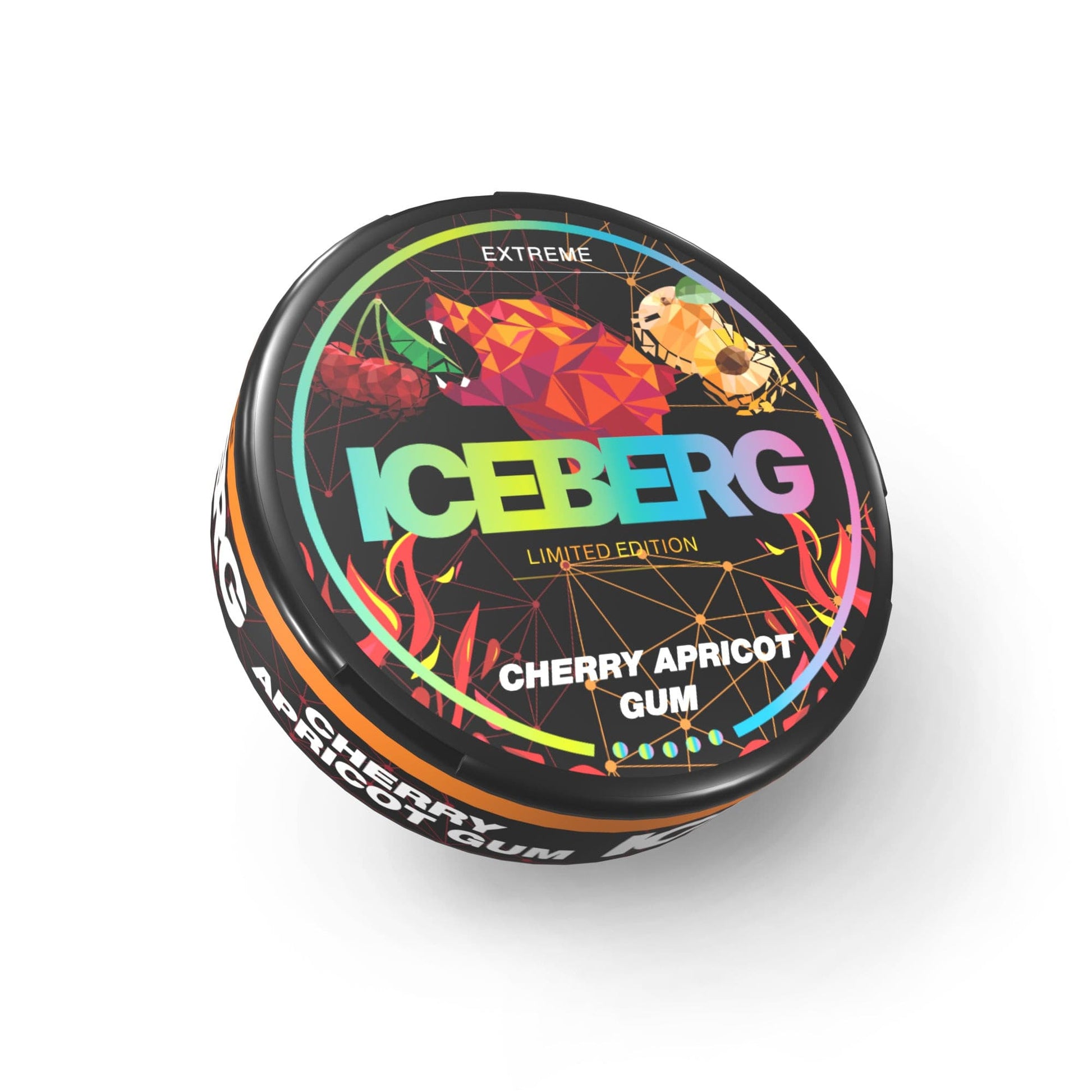 Front view of a circular tin of Iceberg Cherry Apricot Gum snus featuring colorful fruit graphics on a white background
