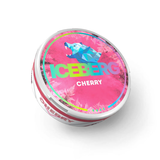 Detail close-up of the Iceberg Cherry tin showcasing a colorful design and brand logo on a white background.