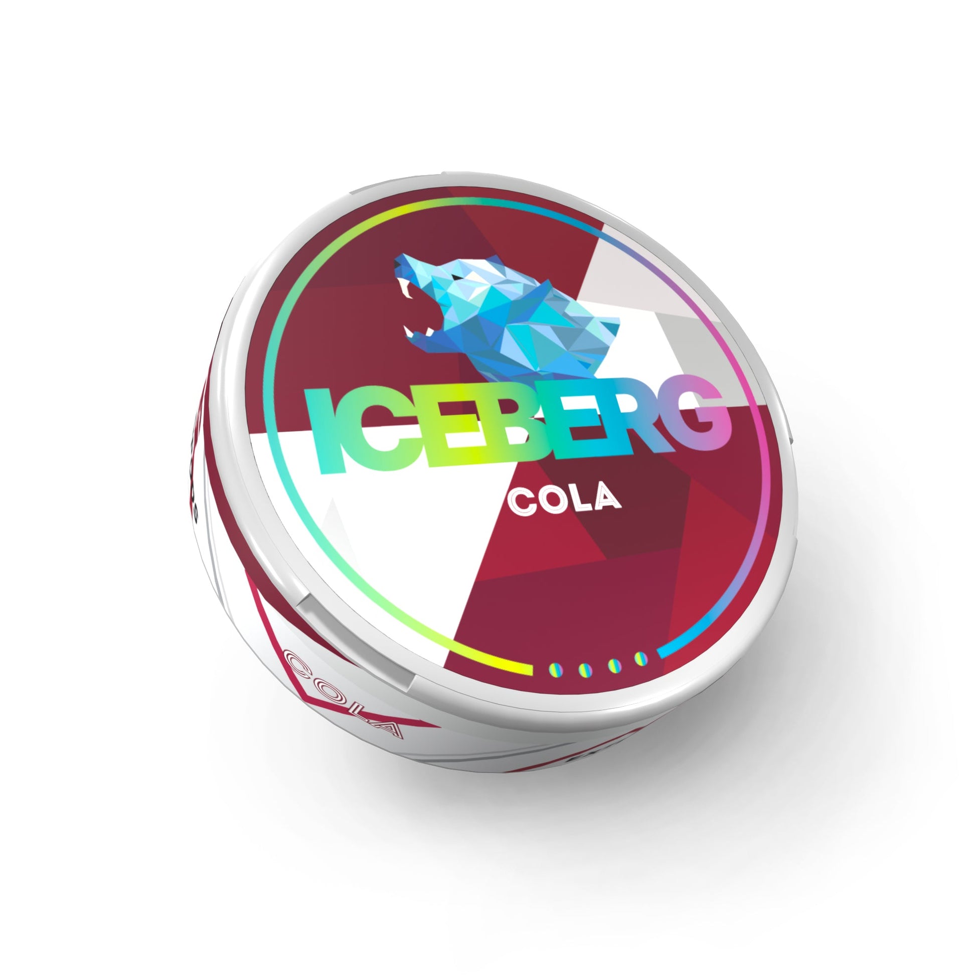 Detail close-up of Iceberg Cola snus packaging showcasing a colorful logo and flavor label on a white background