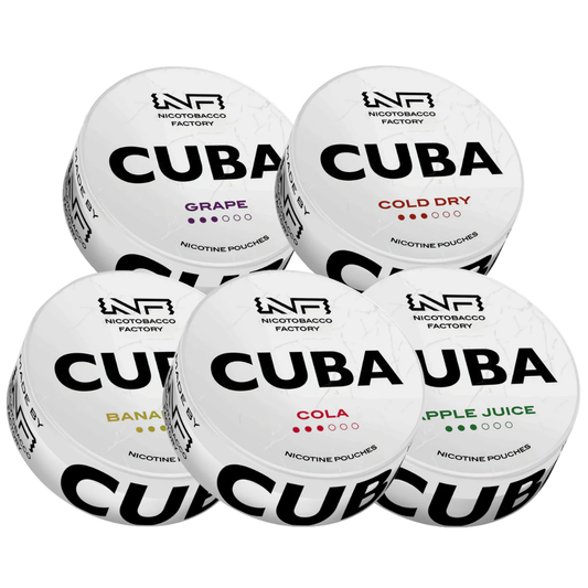 Front view of multiple Cuba White containers showcasing various scents with bold text on a transparent background