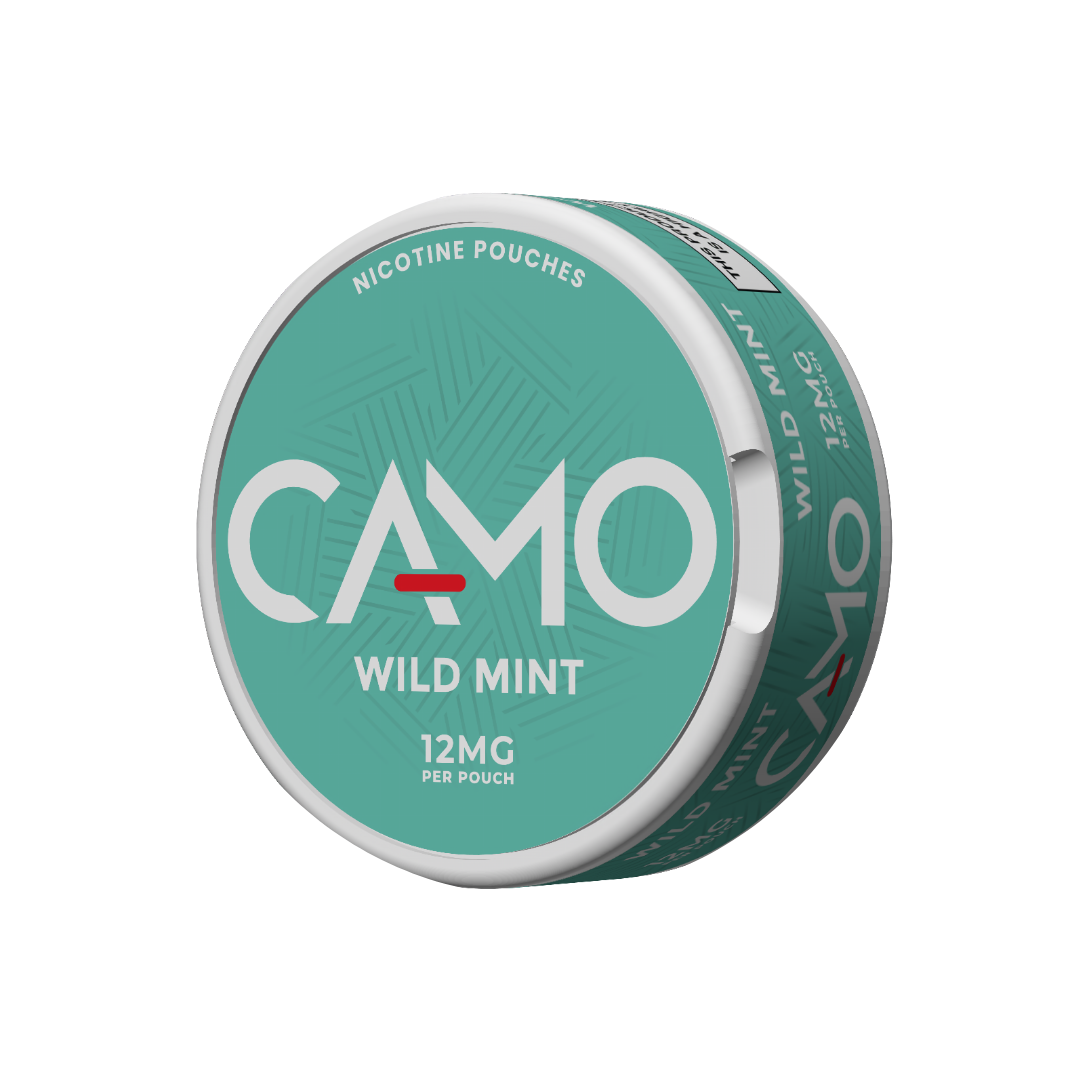 Side view of the round Camo Wild Mint can featuring a teal and white label with mint flavor.