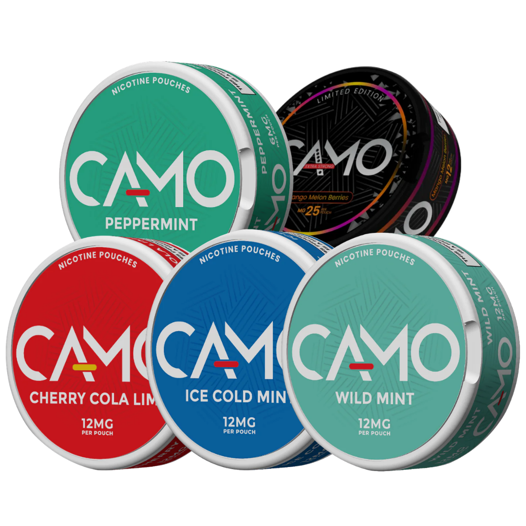 Front view of various flavored snus cans in green, red, and blue, showcasing the Camo Mixpack on a white background