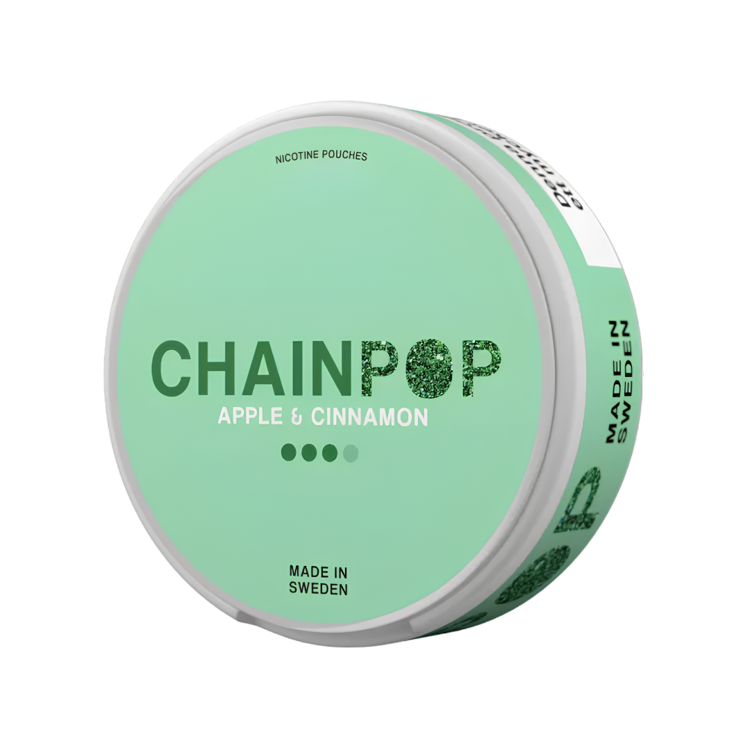 Front view of the round Chainpop container in mint green and white featuring the label text on a transparent background