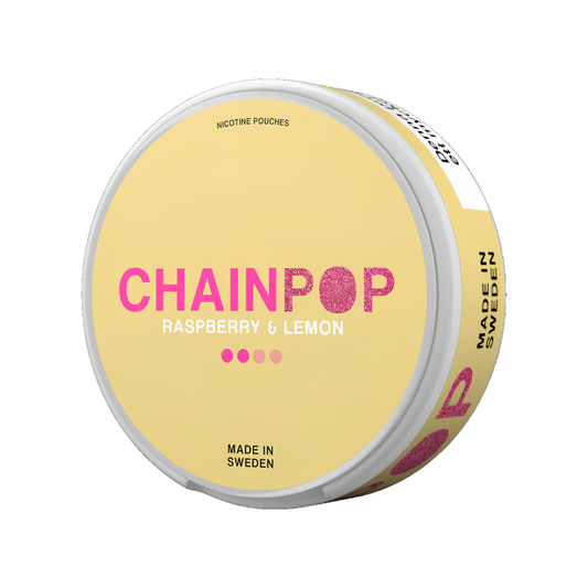 Packaging of Chainpop Raspberry Lemon featuring a round container with a vibrant yellow and pink label design.