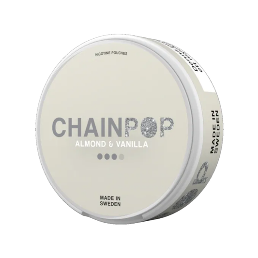Detail close-up of the round Chainpop container in white and gray featuring label text on a smooth surface