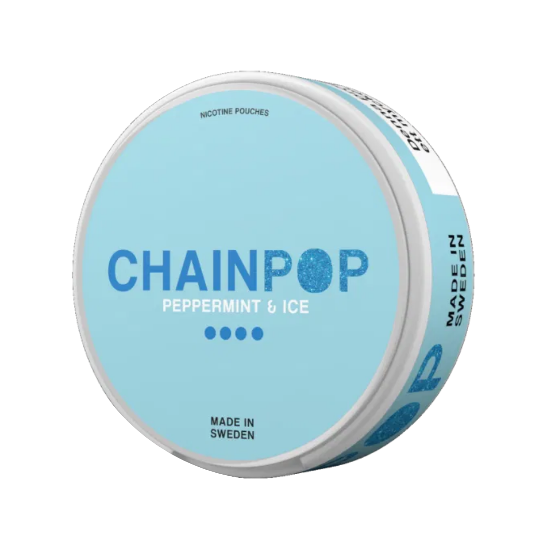 Detail close-up of the round blue and white Chainpop container showcasing label text on a white background