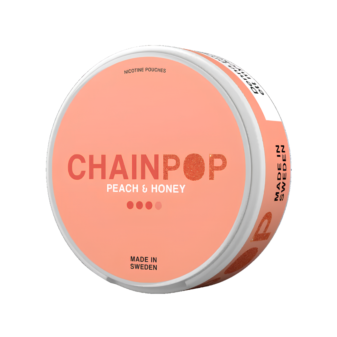 Front view of the round pink and white Chainpop container featuring bold text and a label design.