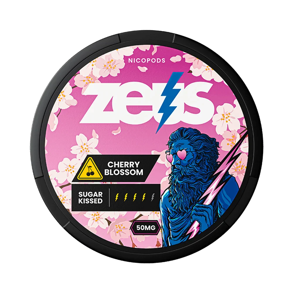 Front view of the Cherry Blossom nicotine pouch packaging featuring a floral design in pink, black, and blue.