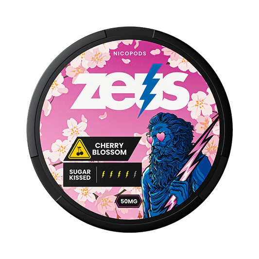 Front view of the Cherry Blossom nicotine pouch packaging featuring a floral design in pink, black, and blue.