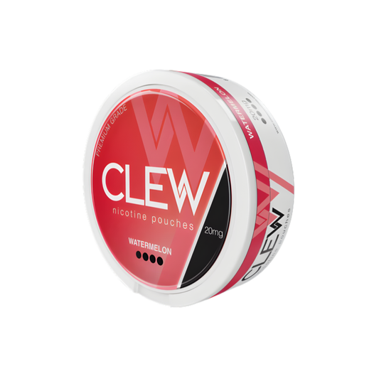 Detail close-up of the Clew watermelon product container featuring a round design with a red, white, and black label.