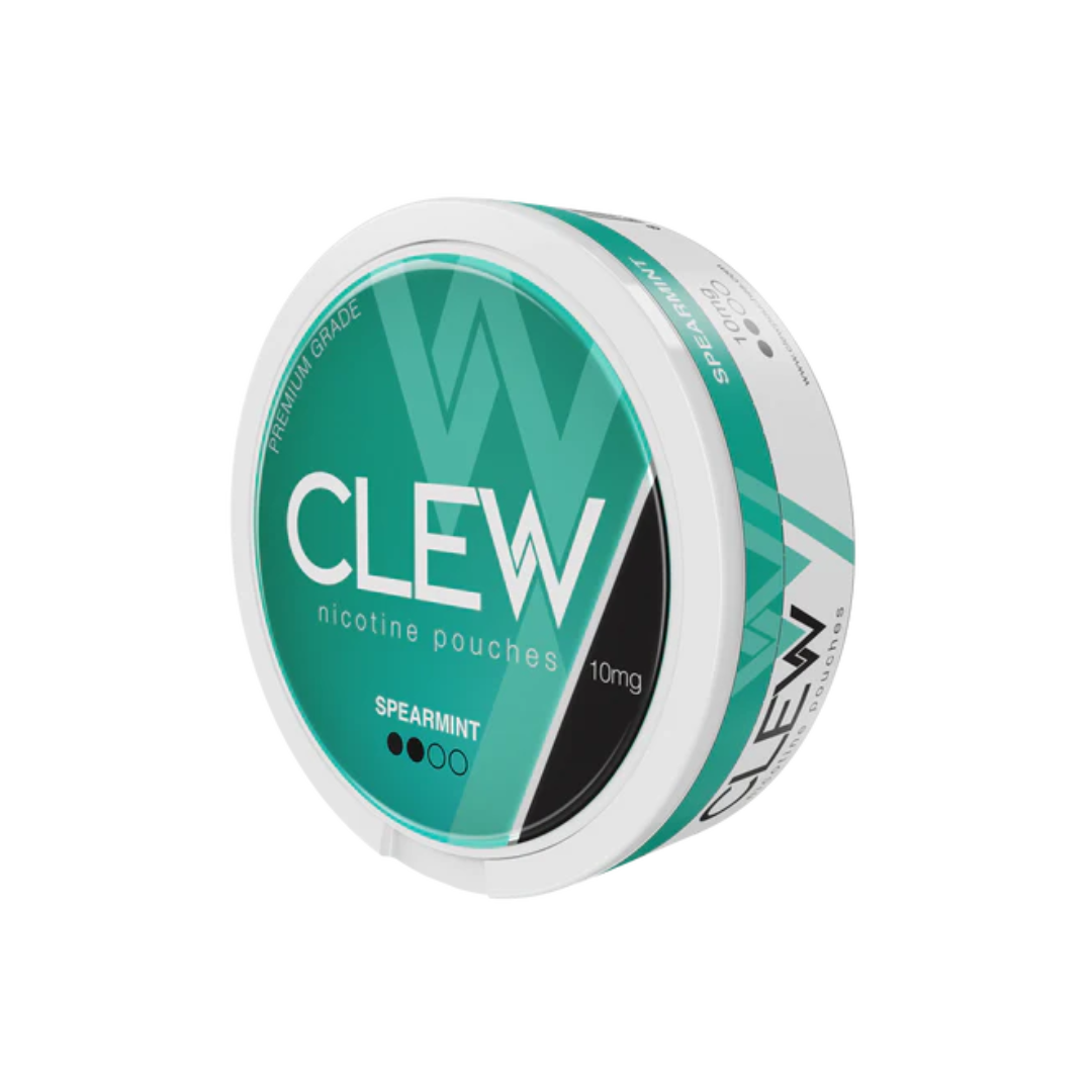 Front view of the Clew container in teal and white featuring a round shape and screw top.