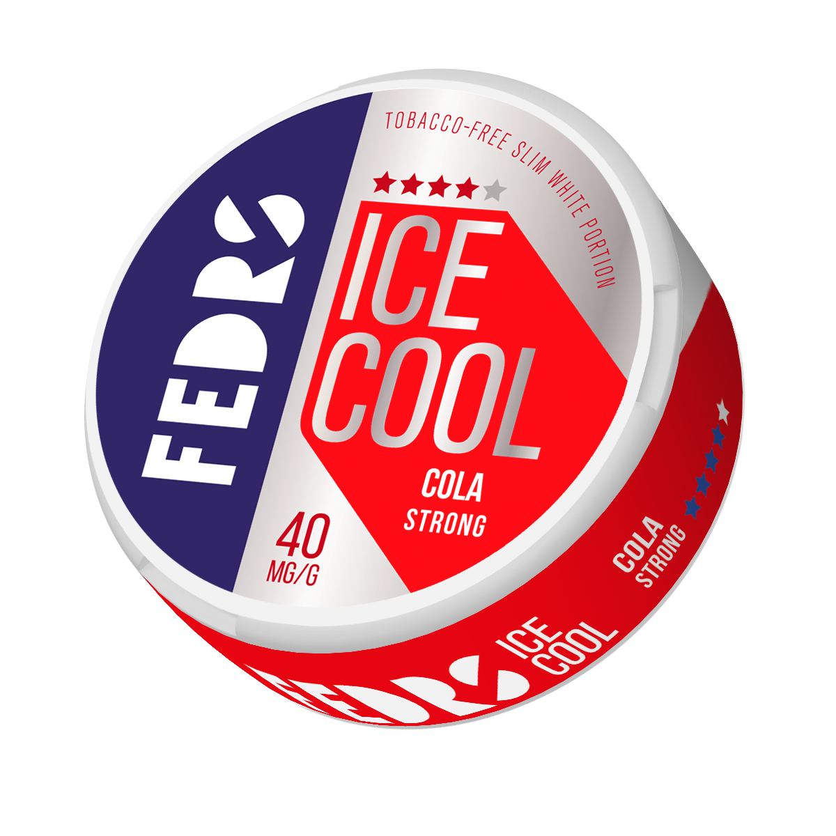 Front view of a circular can featuring red, blue, and white colors with logo and ice cool cola flavor.