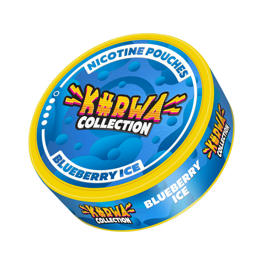 Front view of the round snus can featuring blue and yellow graphic design with flavor label.