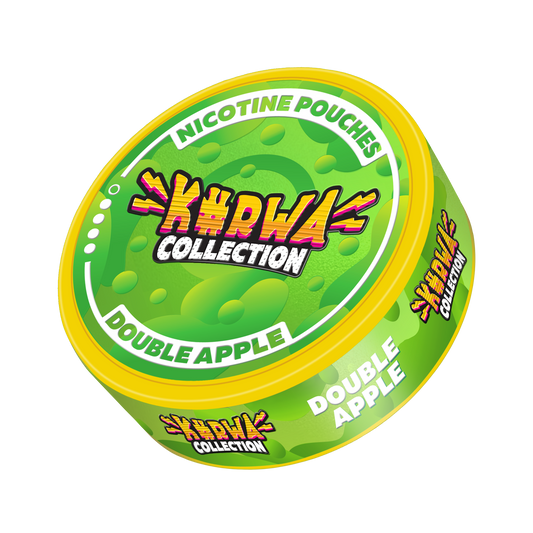 Front view of round green and yellow snus can featuring double apple flavor graphic design on a transparent background