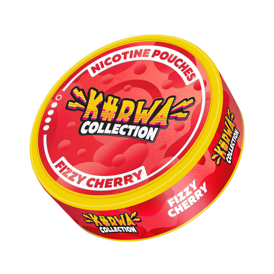 Front view of a round snus can featuring red and yellow graphic design with fizzy cherry flavor label.