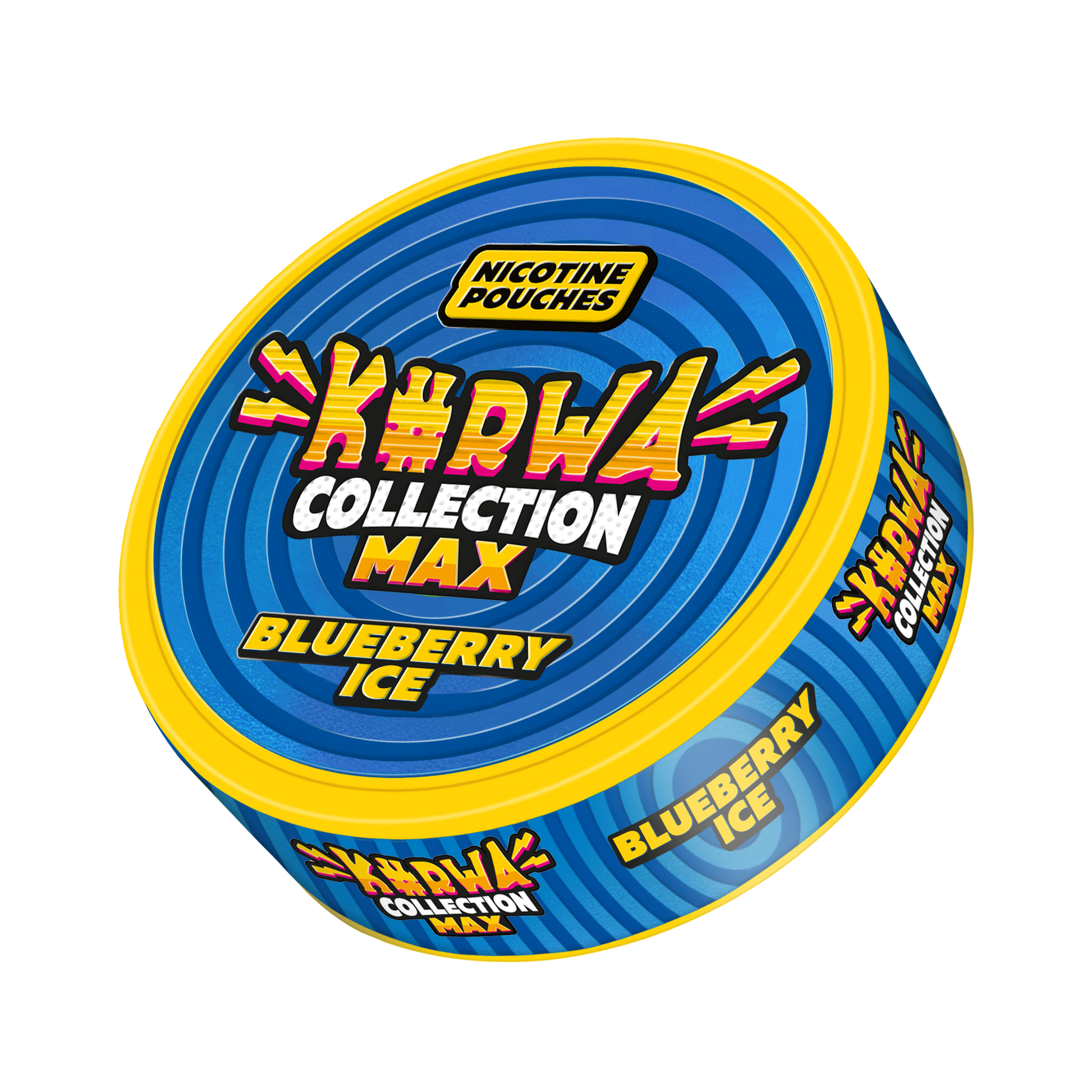 Front view of the circular snus can featuring blue and yellow graphic design with flavor label