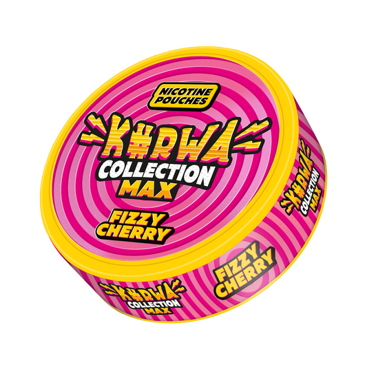 Front view of the pink and yellow Kurwa Max Fizzy Cherry snus can featuring bold graphics and flavor label.