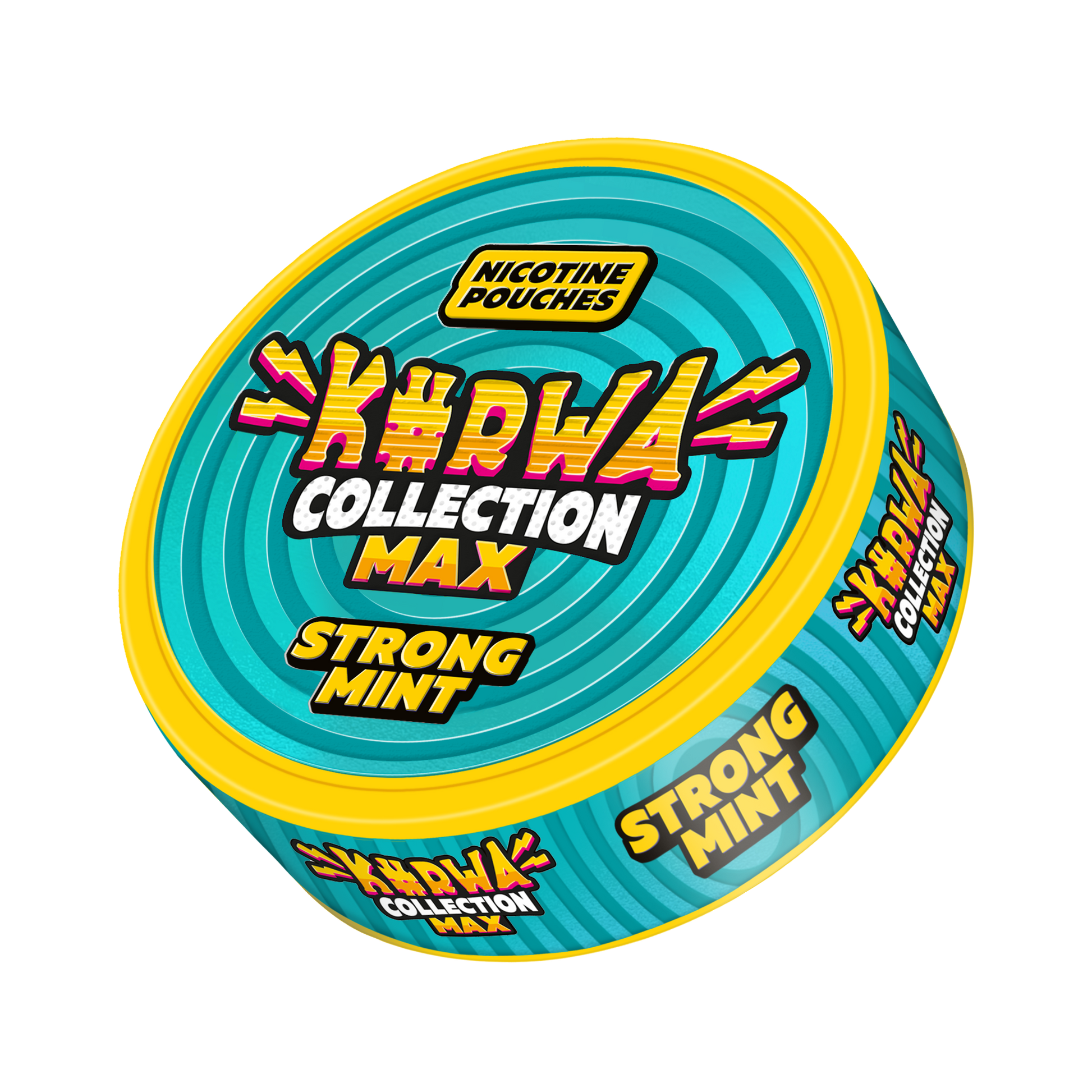 Front view of a circular snus can featuring blue, yellow, and green graphic design with mint flavor label