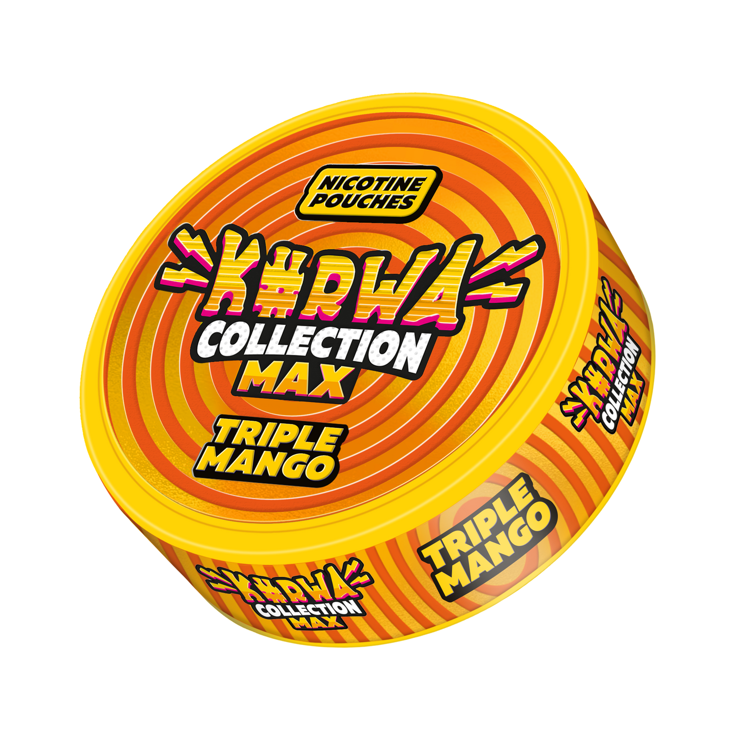Detail close-up of the Kurwa Max Triple Mango snus can featuring bold yellow and orange tropical flavor graphics.