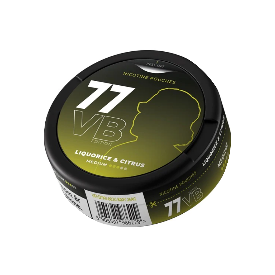 Detail close-up of the round container with a matte finish, featuring a label with number 77 in black, green, and white.