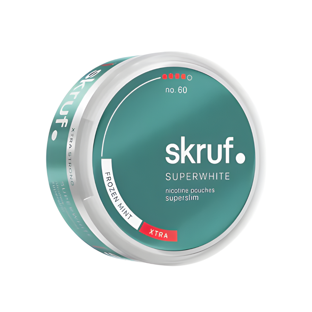 Detail close-up of the Skruf Superwhite NO.60 Frozen Mint can showcasing teal, white, and red colors with a screw top.