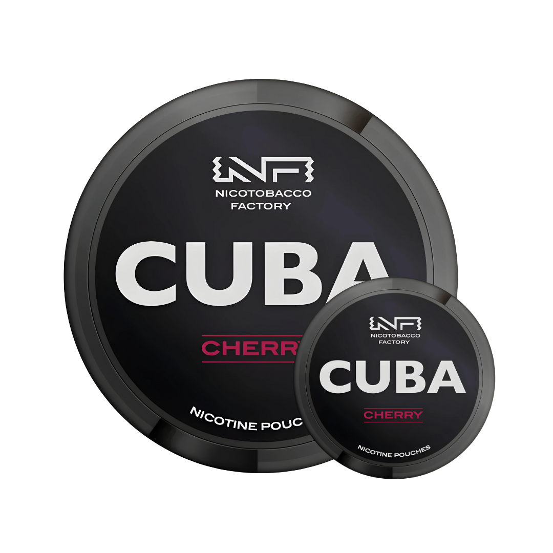 Detail close-up of CUBA Black Cherry Mega Can showcasing bold text and circular shape with a transparent background.