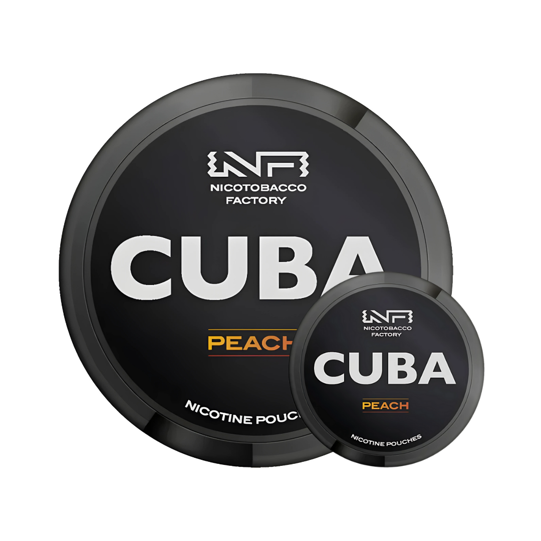Detail close-up of the black CUBA Black Peach Mega Can featuring bold text and peach flavor, with round cans.