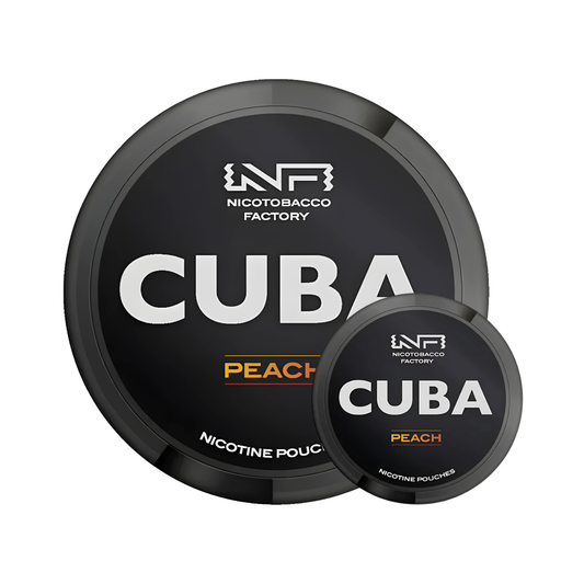 Detail close-up of the black CUBA Black Peach Mega Can featuring bold text and peach flavor, with round cans.