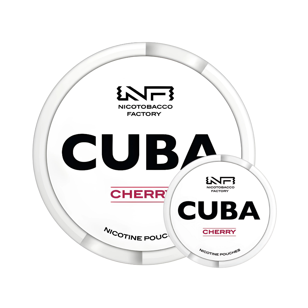 Detail close-up of Cuba White Cherry Mega Can featuring large and small labels on a transparent background