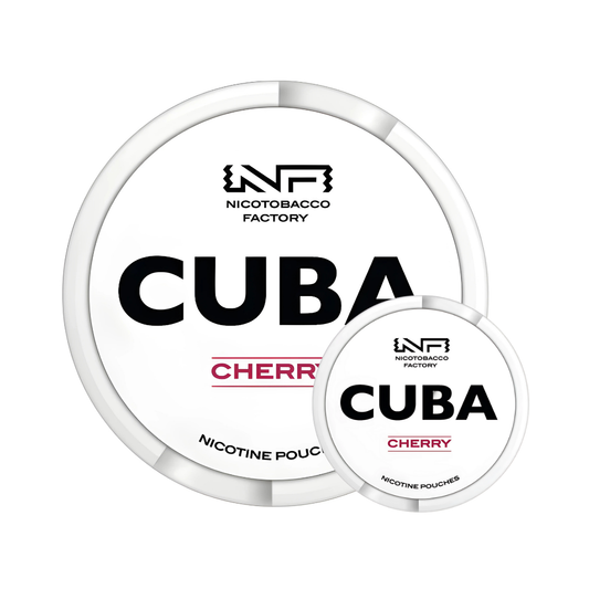 Detail close-up of Cuba White Cherry Mega Can featuring large and small labels on a transparent background