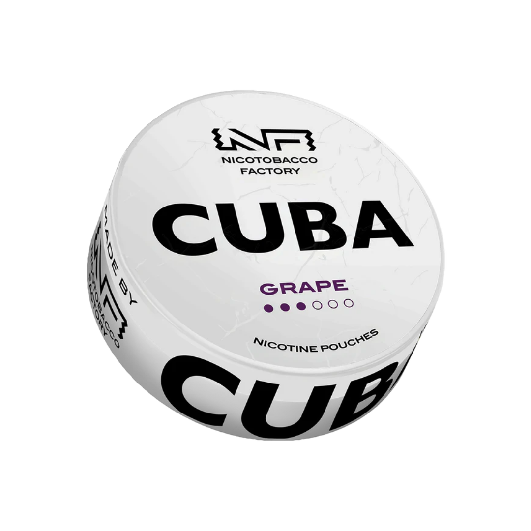 Detail close-up of the Cuba grape can showcasing bold text, grape flavor, and a transparent background