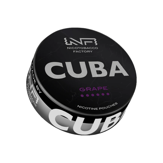 Detail close-up of Cuba Black Grape round tin showcasing bold text in black and silver on a transparent background