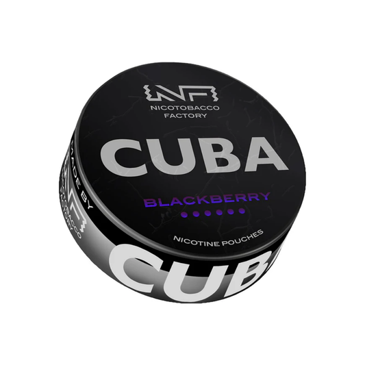 Detail close-up of the Cuba Blackberry tin showcasing a round design in black, silver, and purple with scent description.