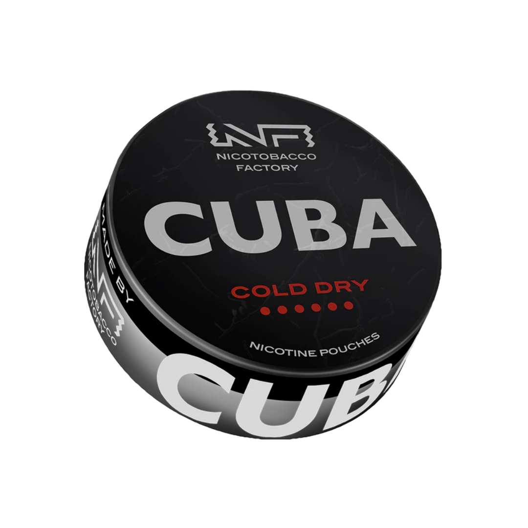 Detail close-up of Cuba Black Cold Dry in a round black and silver tin featuring bold text and a matte finish