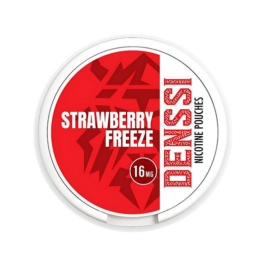 Packaging of Denssi Strawberry Freeze in a circular container with red and white colors, featuring label design and brand.