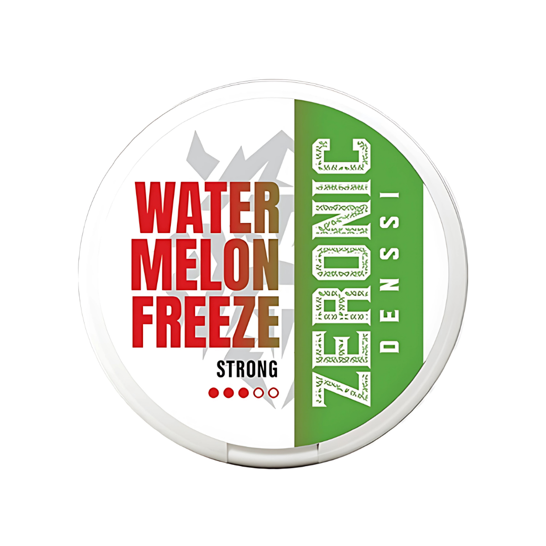 Packaging shot of Denssi Watermelon Freeze can featuring bold text and a circular design in white, green, and red.