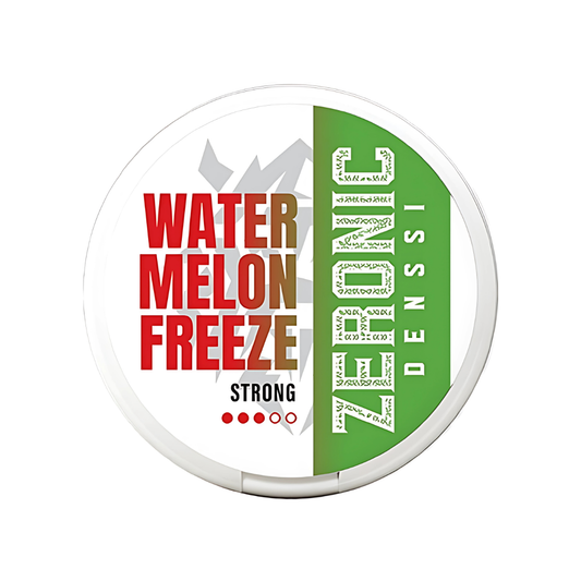 Packaging shot of Denssi Watermelon Freeze can featuring bold text and a circular design in white, green, and red.