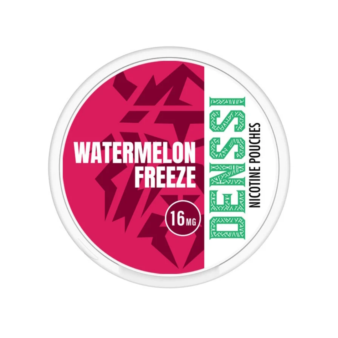 Detail close-up of Denssi product label featuring bold watermelon graphics in pink, white, and green on a transparent back…