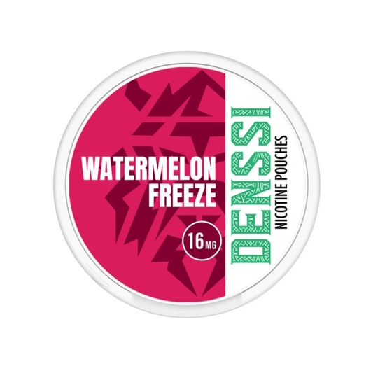 Detail close-up of Denssi product label featuring bold watermelon graphics in pink, white, and green on a transparent back…